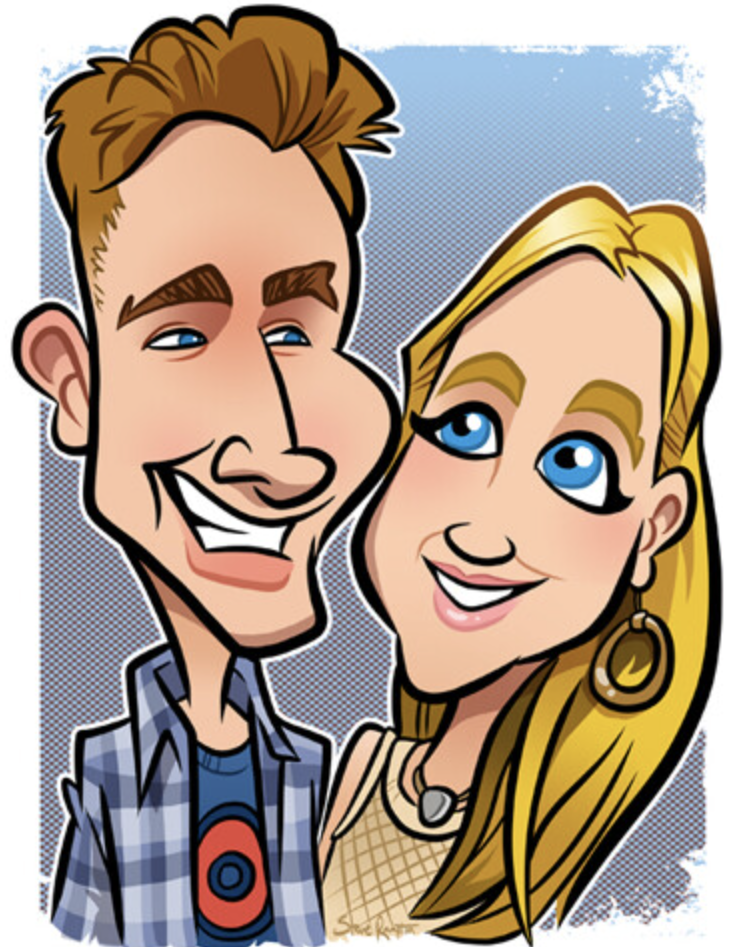 A lively exaggerated caricature compared to a flat realistic drawing