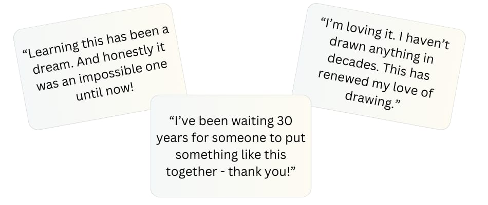 Student testimonial showing their caricature progress and feedback